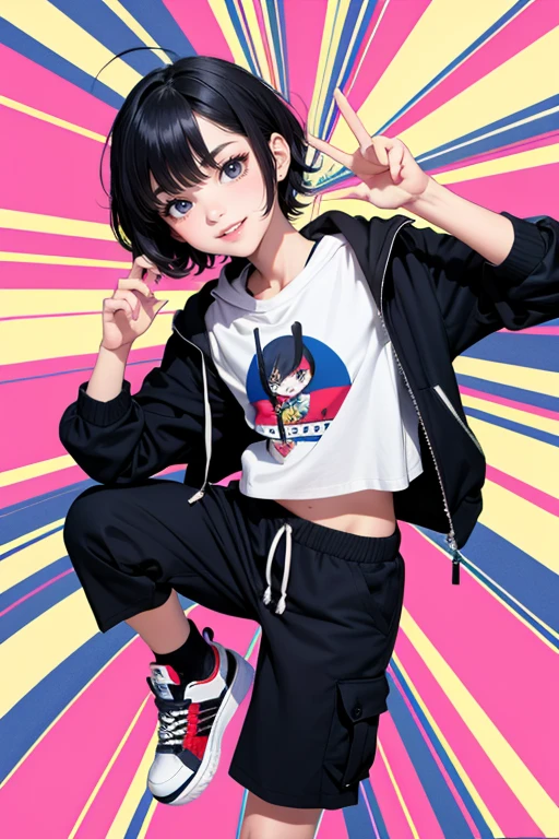 popart style,flat color,Dance,Artistic jump,break dance,Strenuous movements,vibrancy,at mirror-ball planet,solo,Fluttering hair,Cute Baby,a small face,hason,16yo,Bright smile,half-open mouth,BREAK,(navy hair,wavy short hair),(cropped cargo pants,hoodie,platform sneakers),(delicate detailed fingers,Detailed body,detailed arms,human hand),(beautiful Detailed face),dynamic pose,enjoy dancing,