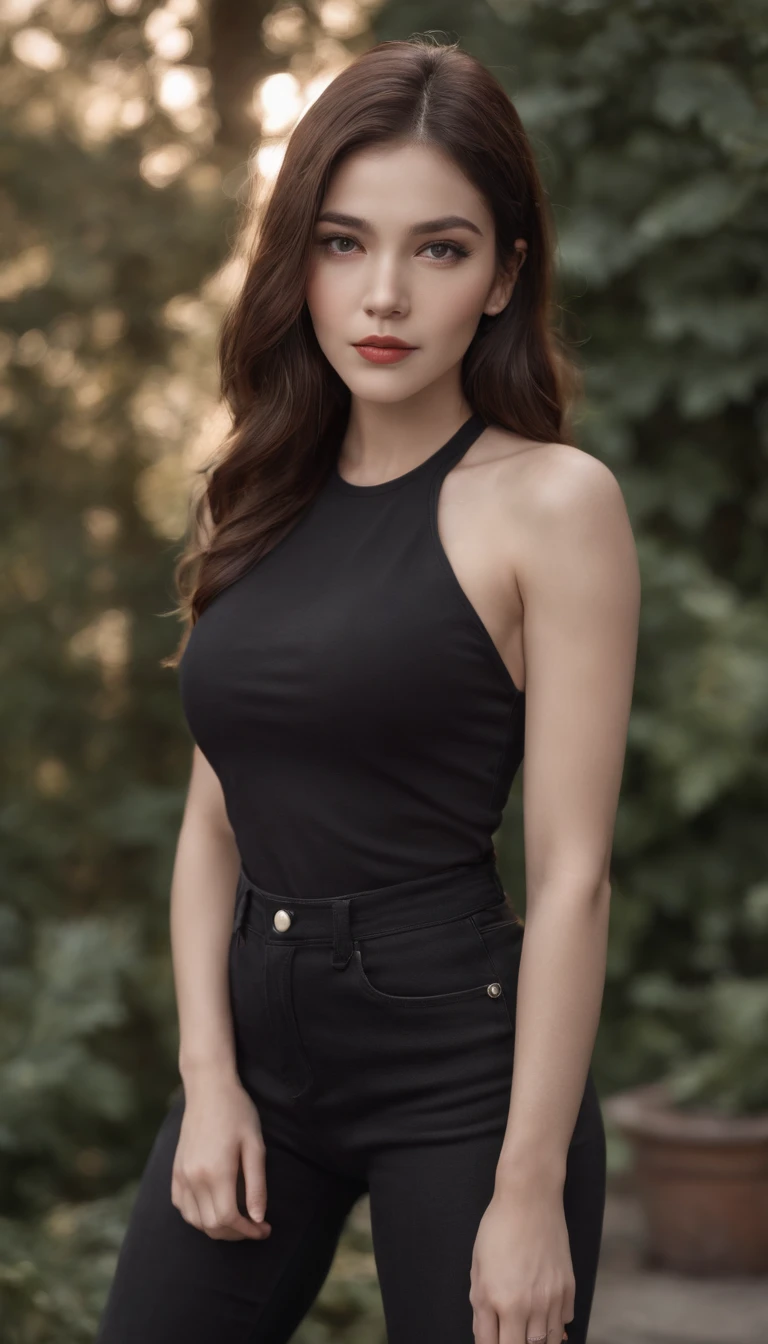 Raw photo, insanely detailed, skin texture, 8k, shadows, reflections, 1 girl, full body portrait, shapely body, accentuating curves, black jeans skinny fit by Levi's, black top skirt with halter neckline, halter neckline, black converse shoes, converse tennis shoes, glossy lips, detailed eyes, ultra detailed, cinematic, studio quality, realistic,