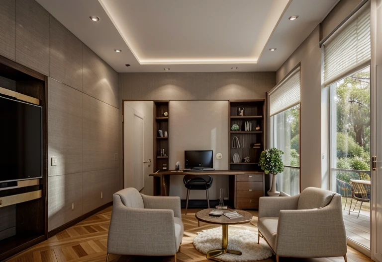 ,Masterpiece, Best quality,8K, Ultra-high resolution,When you step into the living room,Immediately surrounded by a rich atmosphere of luxury。Ornate crystal chandeliers hang high on the wall,Shine brightly。The sofa was covered with a soft white fluffy blanket,It is so comfortable,So much so that you can't help but indulge in it。In the corner of the living room is a delicate coffee table,Embellished with precious porcelain and champagne gold ornaments。Whenever it is late afternoon,The afterglow from the window spilled on the floor,Soft light and shadow are reflected,It was as if entering a dreamland。
