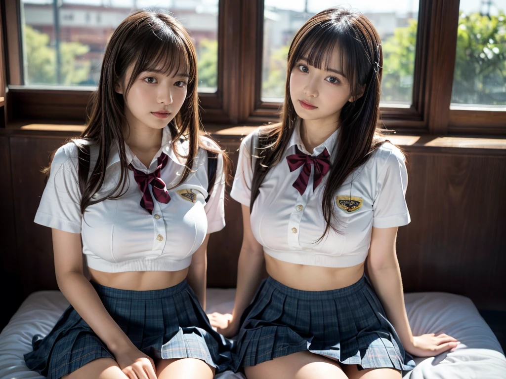 (RAW photo, 4k, masterpiece, high resolution, extremely complex) (realistic: 1.4), cinematic lighting
((2 girls, 2 schoolgirls)),Slam Dunk's,blushing,((innocent)),bright eyes,round eyes,blunt bangs,(straight hair:1.3),black hair,large breasts,wide hips,Summer Noon, ,Hot, (Best Quality), (Highres), (an Extremely Delicate and Beautiful),(Beautiful 8k face),(Brown eyes),short bob hair,( spectators),(gigantic breasts),(Play with each other,Touching each other's bodies,Touching the body),(Japanese high school uniform:1.3),blue skirt,(reality),bright lighting,(The background is a luxury hotel room)