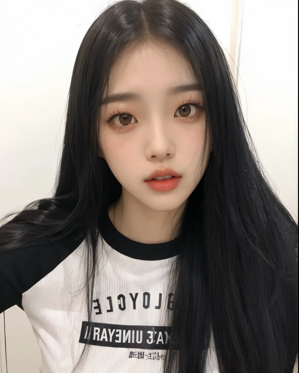 Close-up of a woman wearing a white shirt and long black hair, Best Face, korean, korean symmetrical face, Jaeyeon Nam, Korean facial features, Heonhwa Choi, Mulher sul-korean bonita, 귀엽고 사랑스러운 korean 얼굴, beautiful aesthetic face, 젊고 사랑스러운 korean 얼굴, Jenny Blackpink, Jinyoung Canella, White Bank Cabello Black