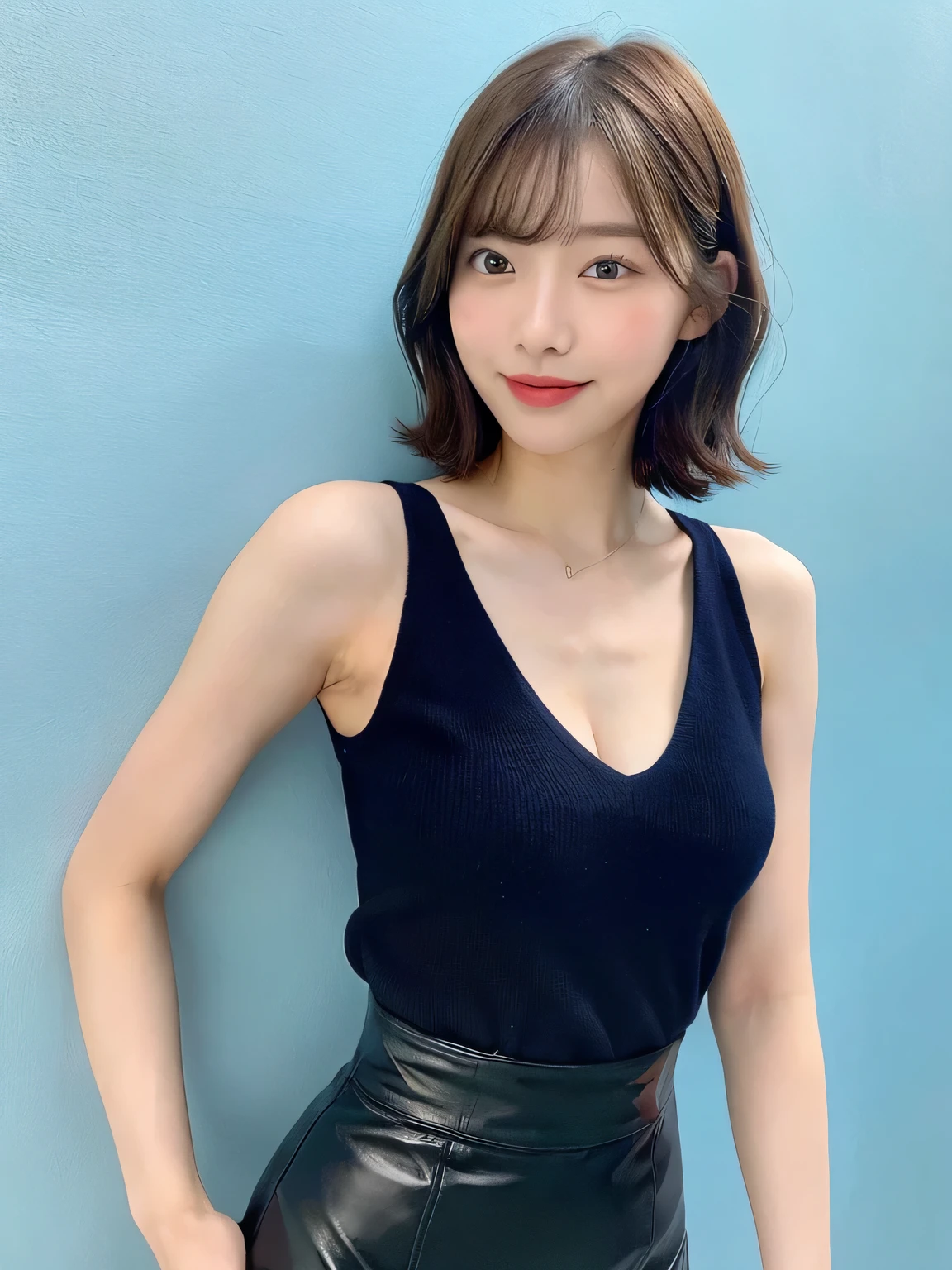 one person、whole body photos、Navy blue polo shirt、Cleavage、Black mini skirt、fun、13 years old、whole body、slender、woman、White drool coming out of the mouth、Natural Very Short Hair、Fair skin,Super cute、Soft and Face、Brown Hair、8K resolution、Surreal、Ultra high definition、 Soft Body、A-cup small breasts（（Highest resolution、8k、masterpiece：1.3））、Ultra-fine face、Ultra Fine Lips、Beautiful Eyes、double eyelid,Slender figure、I can see your thighs、Shapely small breasts、Light blue wall、Looking at the viewer with his back turned、smile、Stick your butt out、sexy