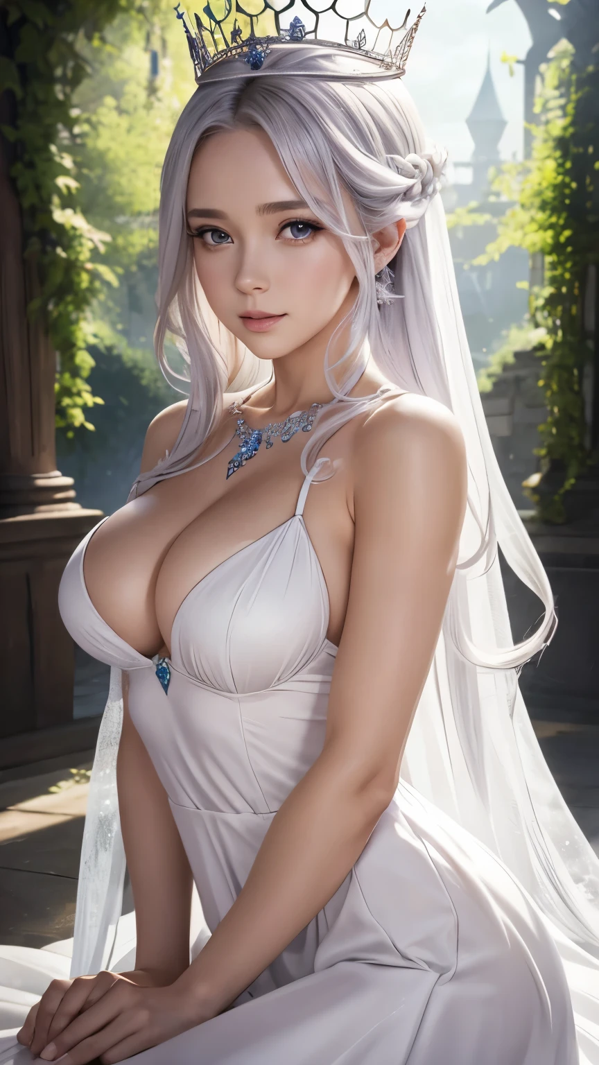 There is a woman in a white dress with a crown on her head., a Beautiful fantasy queen, ((Beautiful fantasy queen)), Portrait of a Princess, Works of art in the Gubes style. 5D CGI Anime Fantasy Artwork, 8K high quality detailed art of a lewd body　Upper Body　Sweaty　Beautiful breasts　Expose　Fluid from nipples　Reverse Rape　Slimy　saliva　Urinating　Watching the audience　Attractive body　Muscular