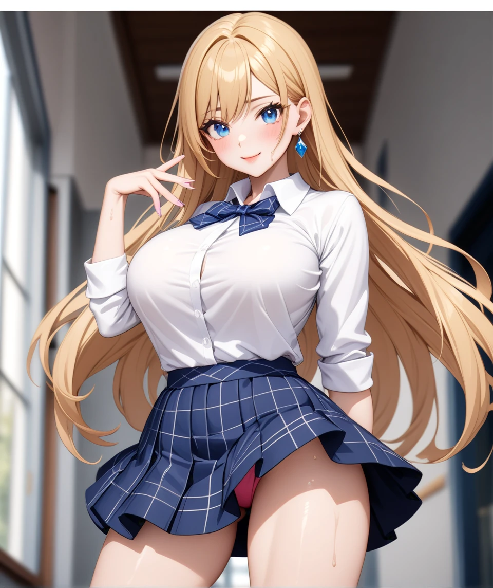 (One girl), Beautiful smile,Bullish expression, Sweat,Blushing,Close your mouth,Glossy Lips,Abstract, School, masterpiece, highest quality, so beautiful, Absurd, up to date, Complex details, Pink long nails,AI-generated, Complex,High resolution, highest quality, super high quality,3D Images、View the viewers、3D Images,one person,Long Blonde Hair,blue eyes,Anime girl posing for photo, [[Fine grain、Colorful eyes、Shining Eyes:1.15]],(Squint your eyes:1.1),a hyperRealistic , hyperRealistic , Realistic , blonde anime girl with long hair, Smooth anime CG art, Beautiful anime school girl,White long sleeve blouse,Blue checked skirt,Big blue chest ribbon, Earrings,(Large Breasts:1.3), Mature Body,Fine details,Abdominal muscles,Flip up the skirt