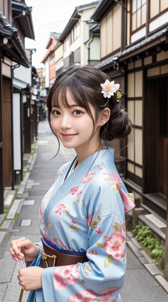 Professional Lighting,(Photorealistic:1.4), (Top image quality:1.0), (超A high resolution:1.0), 8k, Raw photography, (masterpiece:0.2), (Purelos Face_v1:0.5)、(最高quality Detail:1.2)、Realisticな、8k UHD、High resolution、(One Girl:1.2)、超detailedな、High quality textures、Intricate details、detailed、非常にdetailedなCG、High quality shadows、detailed 美しく繊細な顔、detailed 美しく繊細な目、(Symmetrical eyes:1.2),Depth of written boundary、Ray Tracing,One Girl, Japanese girl, (Natural smile:1.4),cute, thin, Portrait of a beautiful Japanese woman in a kimono, Standing gracefully in the streets of Kyoto. The kimono is vividly decorated with traditional patterns., Her hair is adorned with an elegant and delicate hairpin., Gentle expression. (With the old streets of Kyoto in the background:1.4)、The soft light of a spring afternoon、Adding tranquility to the scene. Rendered in a detailed and realistic style, High resolution画像.Sky Porn, Magic Hour, (Realistic:1.3), 細かくdetailedに, quality, (Tabletop:1.2), (Realistic:1.2), (最高quality), (Intricate details), dramatic, Ray Tracing, photograph, +roller