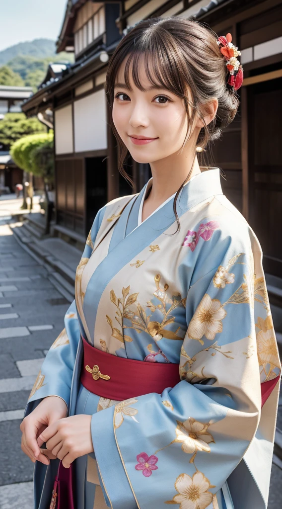 Professional Lighting,(Photorealistic:1.4), (Top image quality:1.0), (超A high resolution:1.0), 8k, Raw photography, (masterpiece:0.2), (Purelos Face_v1:0.5)、(最高quality Detail:1.2)、Realisticな、8k UHD、High resolution、(One Girl:1.2)、超detailedな、High quality textures、Intricate details、detailed、非常にdetailedなCG、High quality shadows、detailed 美しく繊細な顔、detailed 美しく繊細な目、(Symmetrical eyes:1.2),Depth of written boundary、Ray Tracing,One Girl, Japanese girl, (Natural smile:1.4),cute, thin, Portrait of a beautiful Japanese woman in a kimono, Standing gracefully in the streets of Kyoto. The kimono is vividly decorated with traditional patterns., Her hair is adorned with an elegant and delicate hairpin., Gentle expression. (With the old streets of Kyoto in the background:1.4)、The soft light of a spring afternoon、Adding tranquility to the scene. Rendered in a detailed and realistic style, High resolution画像.Sky Porn, Magic Hour, (Realistic:1.3), 細かくdetailedに, quality, (Tabletop:1.2), (Realistic:1.2), (最高quality), (Intricate details), dramatic, Ray Tracing, photograph, +roller