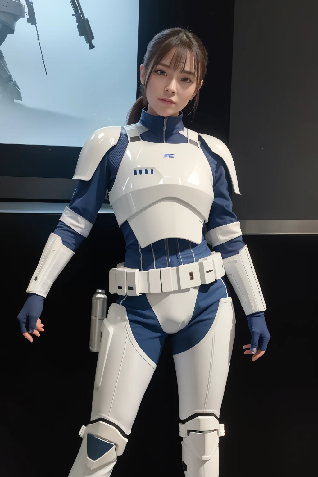 (8k, best quality, masterpiece:1.2), (realistic, photo-realistic:1.37), ultra-detailed, 1 clone trooper, female, solo, battlefield, night, standing, armored chest plate with detailed textures, sculpted muscles visible, multi-layered armor with knee and shin guards, thigh-high boots, detailed helmet with visor, chest plate with removable breast plate, revealing muscular female form underneath, glowing blue accents, detailed faceplate with closed mouth, short clone hairstyle, scar on left cheek, night vision activated, photorealistic, high-level image quality, masterpiece, Best Quality, 