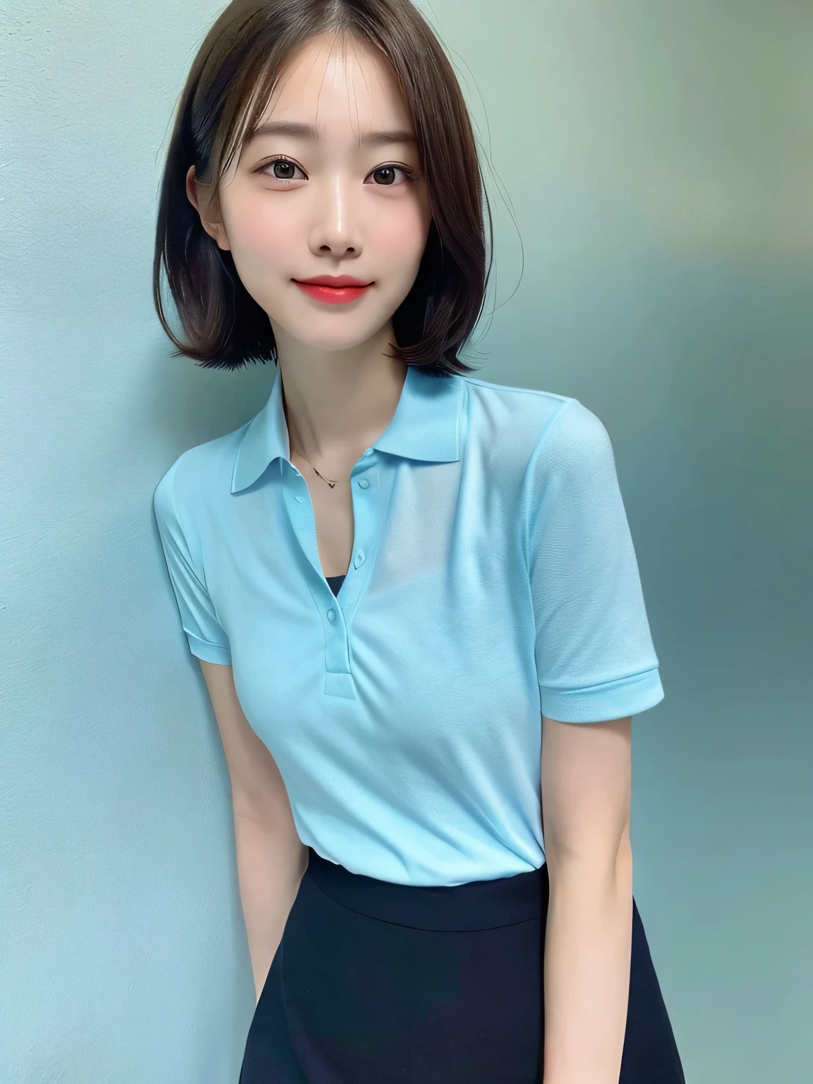 one person、whole body photos、Navy blue polo shirt、Cleavage、Black mini skirt、fun、13 years old、whole body、slender、woman、White drool coming out of the mouth、Natural Very Short Hair、Fair skin,Super cute、Soft and Face、Brown Hair、8K resolution、Surreal、Ultra high definition、 Soft Body、A-cup small breasts((Highest resolution、8k、masterpiece:1.3))、Ultra-fine face、Ultra Fine Lips、Beautiful Eyes、double eyelid,Slender figure、I can see your thighs、Shapely small breasts、Light blue wall、Looking at the viewer with his back turned、smile、Stick your butt out、sexy