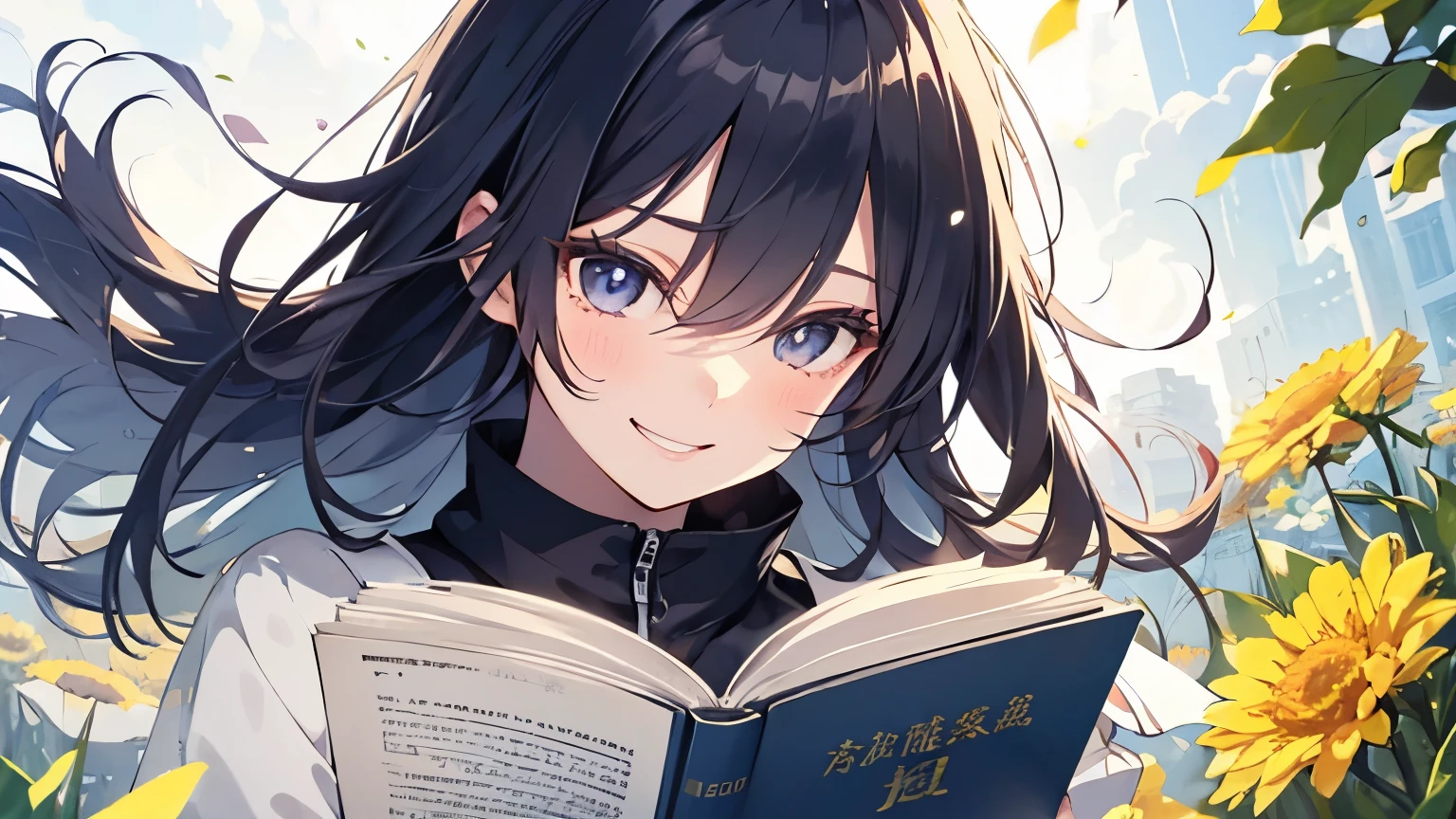 (Cute older sister:1.3)、Long eyelashes、smile,Spring atmosphere、noon、Aggressive、hot、((Strong winds))、whole body、Shining Eyes、sneeze、pollen,Reading a book
