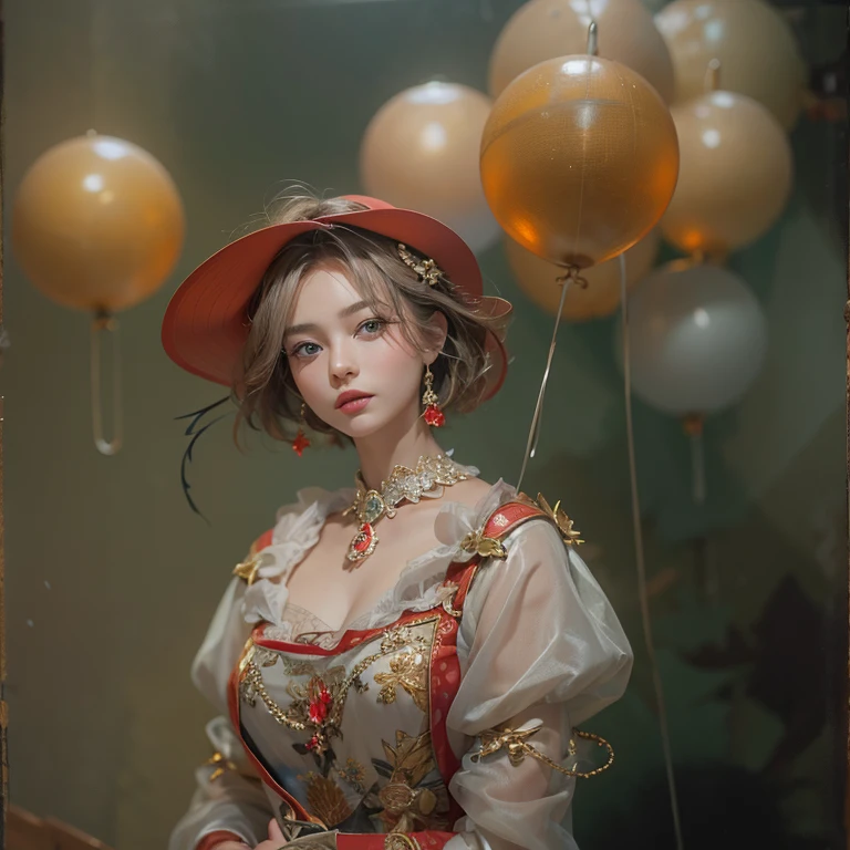 (masterpiece:1.3), (8k, Realistic, RAW Photos, Best image quality: 1.4), Fair-skinned fairy woman、short hair、Cleavage:2.0、Highly detailed face、Attention to detail、double eyelid、Sharp focus:1.2、Beautiful woman:1.4、highest quality、masterpiece、Ultra-high resolution、(Realistic:1.4)、Highly detailed and professionally lit smiles、カーネ・グリフィスを彷彿andさせる非常に詳細な線画, (Donald Trump'clown:1.7), (balloon:1.4), With the power of Vadim Kassim'大胆な色彩and質感, Light and airy, Like the works of Carl Larsson, dark background, dark, evil, fire, パスカル・ブランシュ風の超Realisticなキャラクター, pastel, Grace, Draandic lighting, Expressive camera angles, and, Concept Art, amusement park, masterpiece