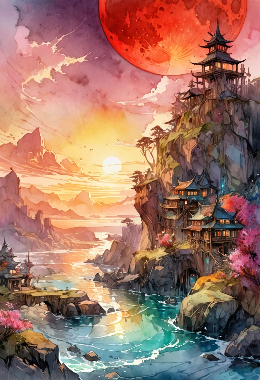 Watercolor Landscape, bloodmoon watercolor vibrant colors, landscape, bloodmoon Digital watercolor Illustration of a summerscape sunset, by JB, Waterhouse, Carne Griffiths, Minjae Lee, Ana Paula Hoppe, Stylized watercolor art, Intricate, Complex contrast, HDR, Sharp, soft Cinematic Volumetric lighting, flowery pastel colours, wide long shot, perfect masterpiece, detailed matte painting, deep color, fantastical, intricate detail, splash screen, complementary colors, fantasy concept art, 8k resolution trending on Artstation Unreal Engine 5, traditional media,watercolor \(medium\),pencil \(medium\),paper \(medium\),painting \(medium\),