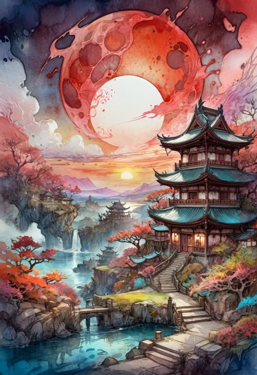 Watercolor Landscape, bloodmoon watercolor vibrant colors, landscape, bloodmoon Digital watercolor Illustration of a summerscape sunset, by JB, Waterhouse, Carne Griffiths, Minjae Lee, Ana Paula Hoppe, Stylized watercolor art, Intricate, Complex contrast, HDR, Sharp, soft Cinematic Volumetric lighting, flowery pastel colours, wide long shot, perfect masterpiece, detailed matte painting, deep color, fantastical, intricate detail, splash screen, complementary colors, fantasy concept art, 8k resolution trending on Artstation Unreal Engine 5, traditional media,watercolor \(medium\),pencil \(medium\),paper \(medium\),painting \(medium\),