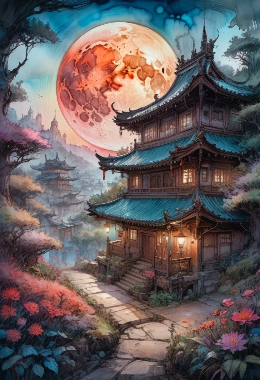 Watercolor Landscape, bloodmoon watercolor vibrant colors, landscape, bloodmoon Digital watercolor Illustration of a summerscape sunset, by JB, Waterhouse, Carne Griffiths, Minjae Lee, Ana Paula Hoppe, Stylized watercolor art, Intricate, Complex contrast, HDR, Sharp, soft Cinematic Volumetric lighting, flowery pastel colours, wide long shot, perfect masterpiece, detailed matte painting, deep color, fantastical, intricate detail, splash screen, complementary colors, fantasy concept art, 8k resolution trending on Artstation Unreal Engine 5, traditional media,watercolor \(medium\),pencil \(medium\),paper \(medium\),painting \(medium\),