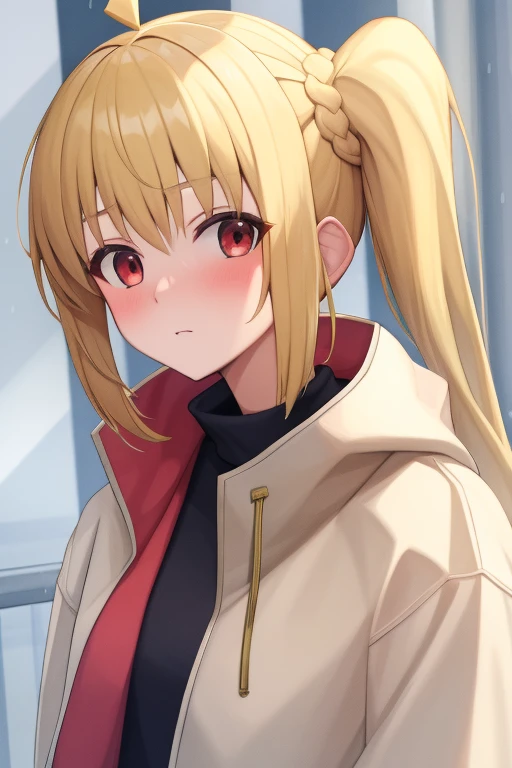 (masterpiece, highest quality:1.2), Blonde girl with red eyes,
Side Ponytail, Full Bang, raincoat,piece sign
,Embarrassed, School,
Super detaileded, highest quality, Expressive eyes, Perfect Face, super high quality, Super detailed