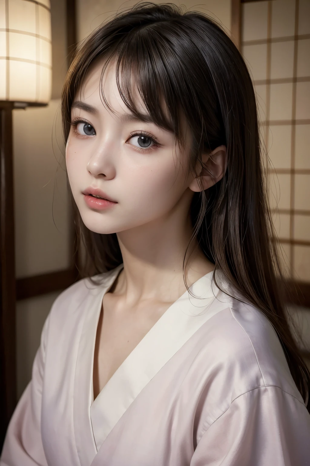 (masterpiece, highest quality, Realistic, High resolution, photograph, :1.3), Sharp focus, 1 Cute Japanese Woman, 30 years old, Hot Model, Highly detailed eyes and pupils, Realistic Skin, Slim figure, Neckline, Highly detailed hair, Delicate face, Sensual look, Bright lips, ((Wearing a Japanese uniform)), indoor, whole body,