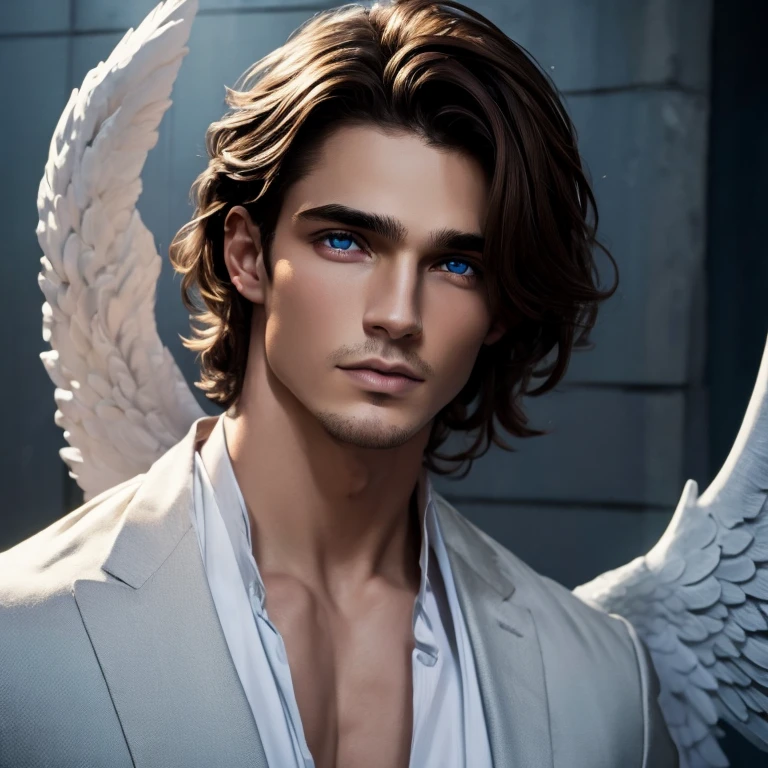 male angel, Brown hair, ojos azules, rostro delicado, labios finos, nariz perfilada, pale skin 