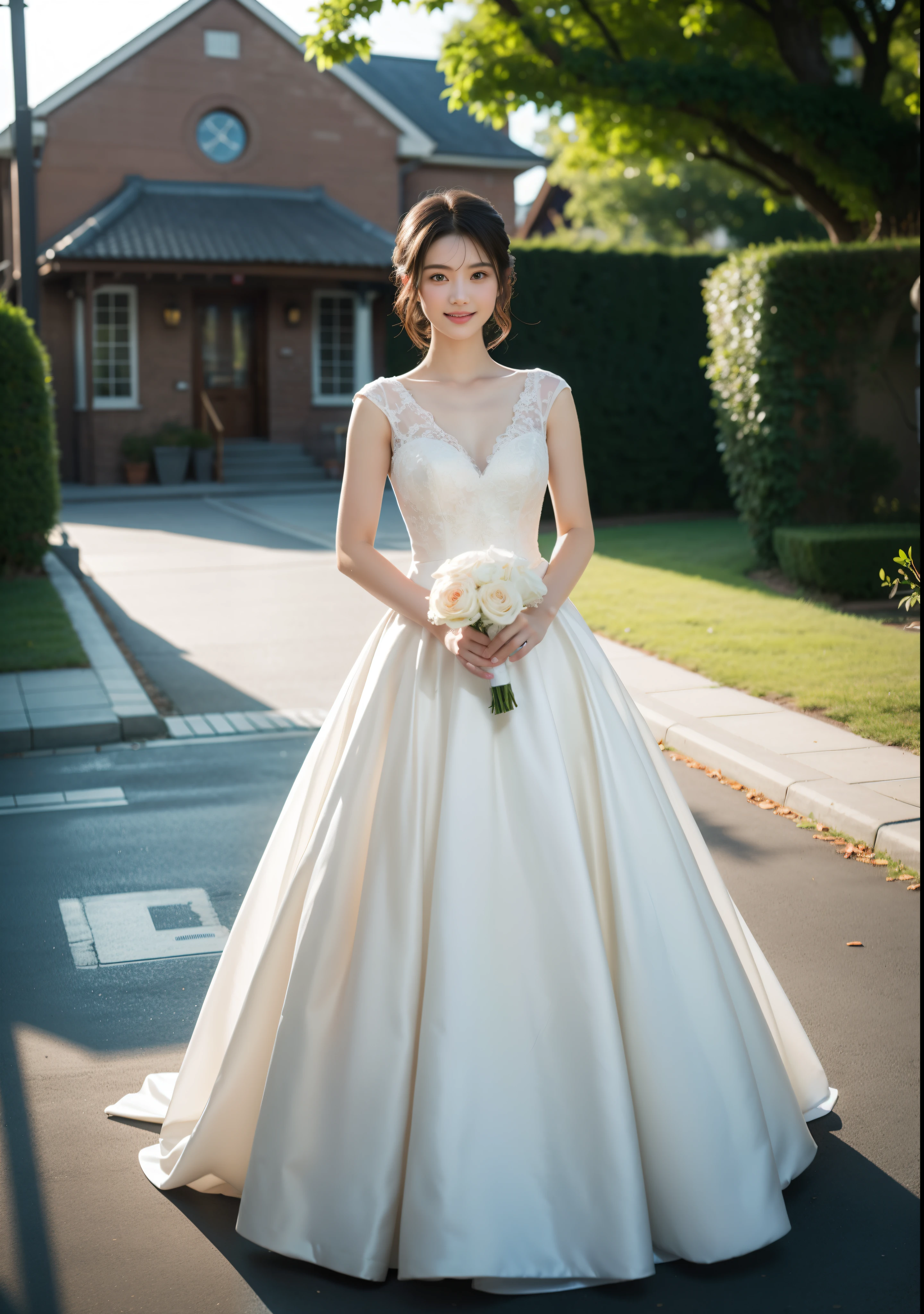 Beautiful 16 year old  woman。She is wearing a wedding dress and white long length gloves. She is smiling on illuminated by the evening church lights on the romantic sunset time.  her dark brown short length hair. High resolution、masterpiece、highest quality、頭w:1.0、((Hasselblad Photos))、fine skin、(movie lighting)、clavicle . full body picture.