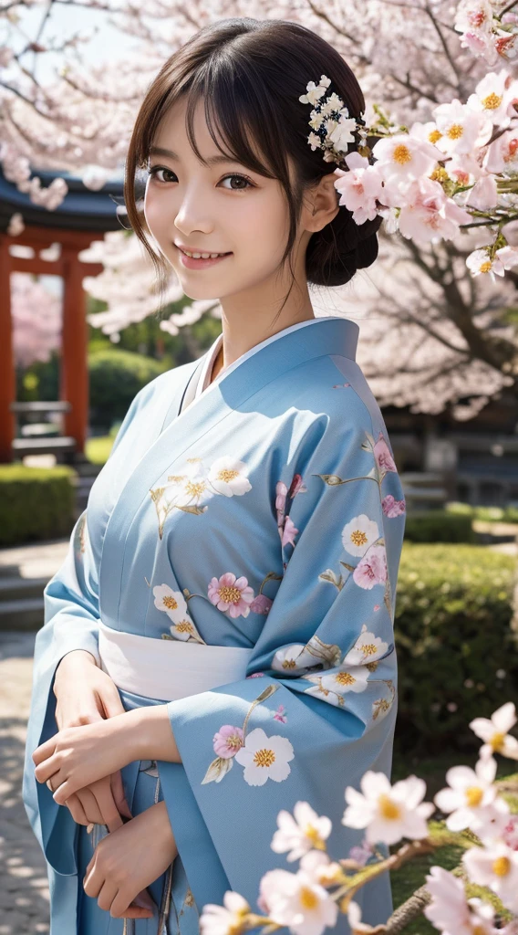 Professional Lighting,(Photorealistic:1.4), (Top image quality:1.0), (超A high resolution:1.0), 8k, Raw photography, (masterpiece:0.2), (Purelos Face_v1:0.5)、(最高quality Detail:1.2)、Realisticな、8k UHD、High resolution、(One Girl:1.2)、超detailedな、High quality textures、Intricate details、detailed、非常にdetailedなCG、High quality shadows、detailed 美しく繊細な顔、detailed 美しく繊細な目、(Symmetrical eyes:1.2),Depth of written boundary、Ray Tracing,One Girl, Japanese girl, (Natural smile:1.4),cute, thin, Portrait of a beautiful Japanese woman in a kimono, Standing in a graceful pose at a traditional shrine. The kimono is vividly decorated with traditional patterns., Her hair is adorned with an elegant and delicate hairpin., Gentle expression. (With a shrine in full bloom in the background:1.4)、The soft light of a spring afternoon、Adding tranquility to the scene. Rendered in a detailed and realistic style, High resolution画像.Sky Porn, Magic Hour, (Realistic:1.3), 細かくdetailedに, quality, (Tabletop:1.2), (Realistic:1.2), (最高quality), (Intricate details), dramatic, Ray Tracing, photograph, +roller