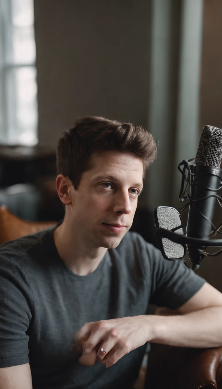 Sam altman sitting in a chair with podcast mic and headphones