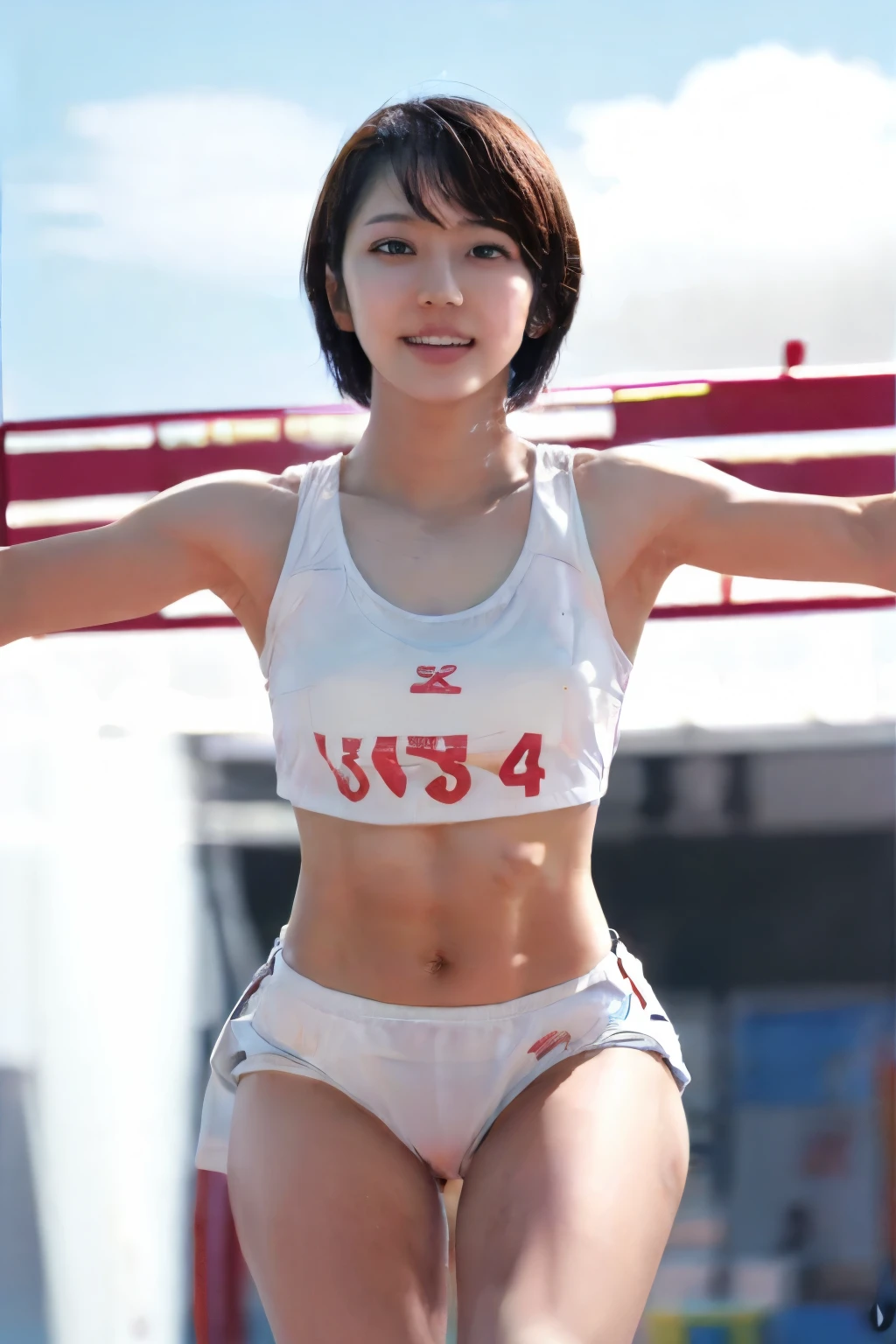 pole vault,open thighs,shoot from below,bright yellow high leg buruma,abs,
