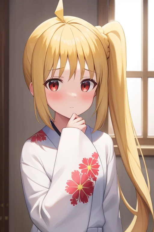 (masterpiece, highest quality:1.2), Blonde girl with red eyes,
Side Ponytail, Full Bang, furisode, handstand
,Embarrassed, at home,
Super detaileded, highest quality, Expressive eyes, Perfect Face, super high quality, Super detailed
