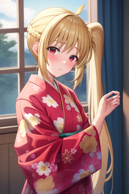 (masterpiece, highest quality:1.2), Blonde girl with red eyes,
Side Ponytail, Full Bang, furisode, handstand
,Embarrassed, at home,
Super detaileded, highest quality, Expressive eyes, Perfect Face, super high quality, Super detailed