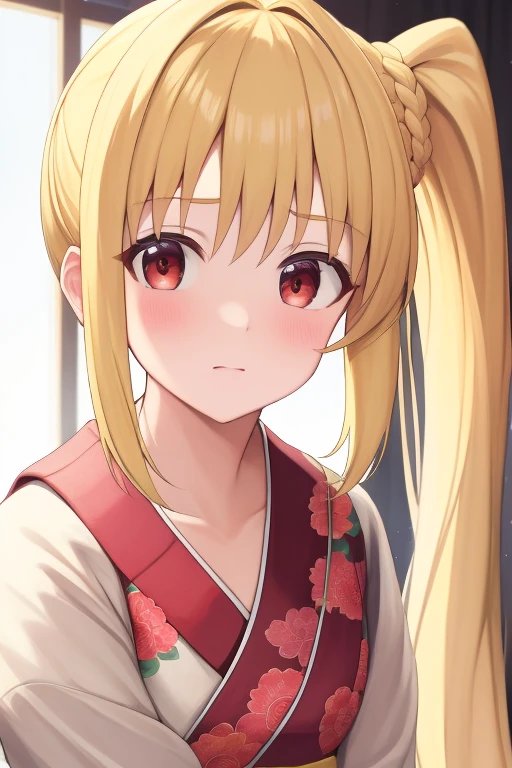 (masterpiece, highest quality:1.2), Blonde girl with red eyes,
Side Ponytail, Full Bang, furisode, handstand
,Embarrassed, at home,
Super detaileded, highest quality, Expressive eyes, Perfect Face, super high quality, Super detailed