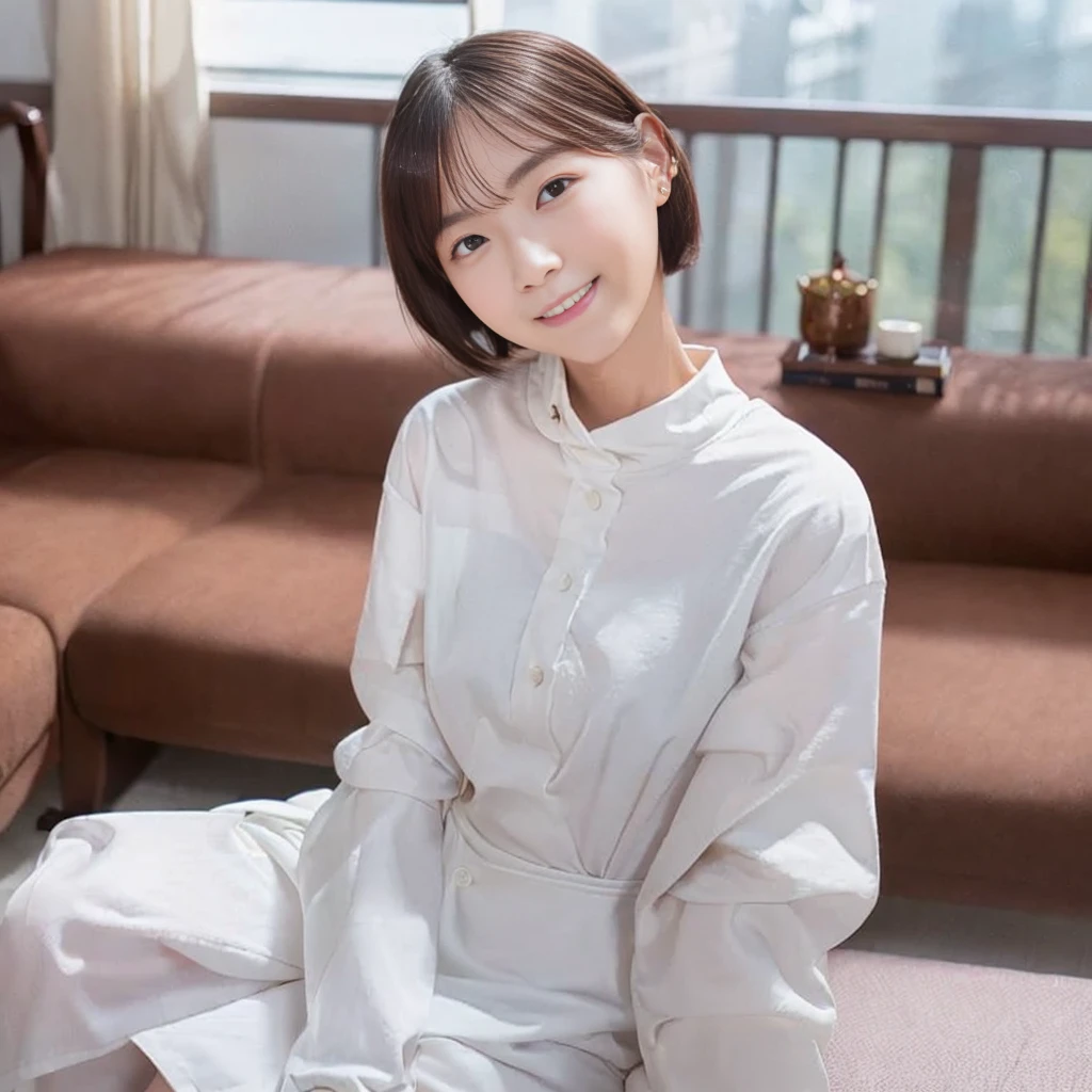 Best image quality、highest quality、masterpiece、Ultra-high resolution、8k、immature、Realistic:1.4、Professional Lighting、Cute school girl、Baby Face、Very short hair、thin、Moderate size chest cup bust、smile、wearing a white tight long-sleeved T-shirt、living room 、Sitting on a white sofa、Wearing a white hoodie