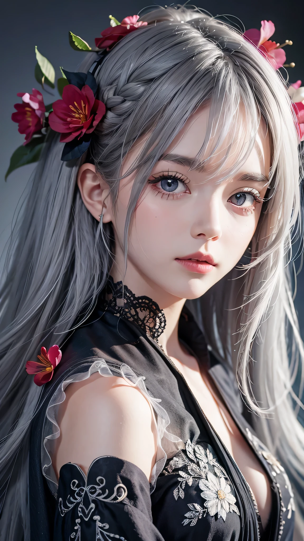 One girl,alone,One girl,alone,((Beautiful fine details)), (Detailed light),Depth of written boundary,(Gray Hair),Silver Eyes,Hair on one eye,(Red flower ), Hair Flowers,Long Hair,Black Cape,Wet,emotionless,Recall,night,Starfall,it&#39;s raining,fog,Red flowers falling,sketch,Upper Body,Strong Shadows,