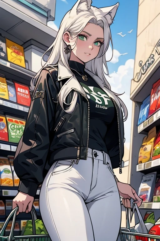 A white haired woman with green eyes and white wolf ears and a white wolf tail in a leather jacket and jeans is shopping at the grocery store