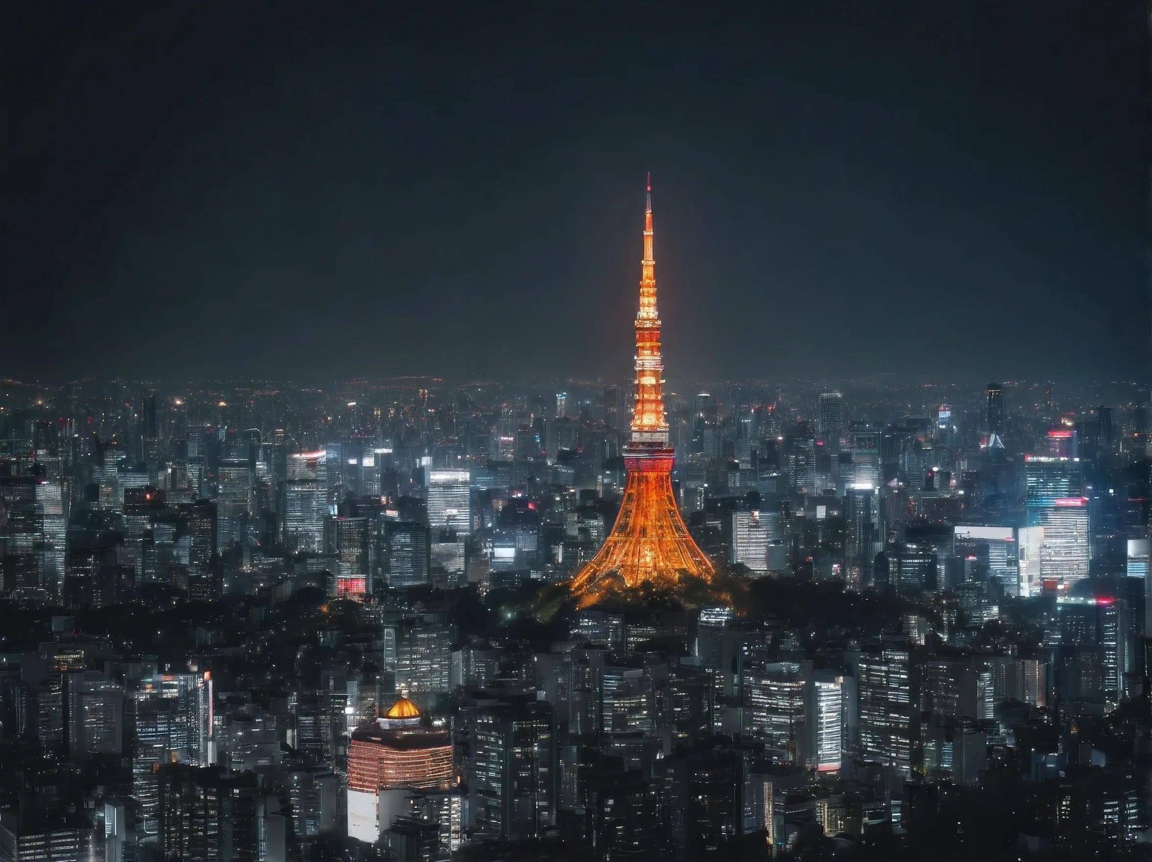 futuristic Tokyo cityscape at night, Tokyo 2175 year, futuristic city, ufo flying, (night:1.2), (night view:1.2), zoom out, futuristic architecture, vivid neon lights, Tokyo tower at center