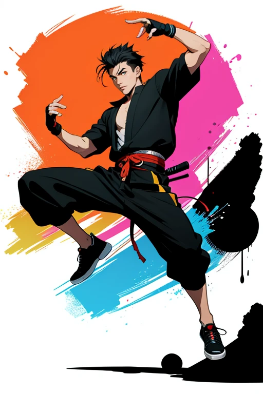 popart style,Two-tone,Dance,Artistic jump,break dance,Strenuous movements,vibrancy,solo,Dancing Samurai boy Silhouette,(ronin clothes),dynamic pose,enjoy dancing,