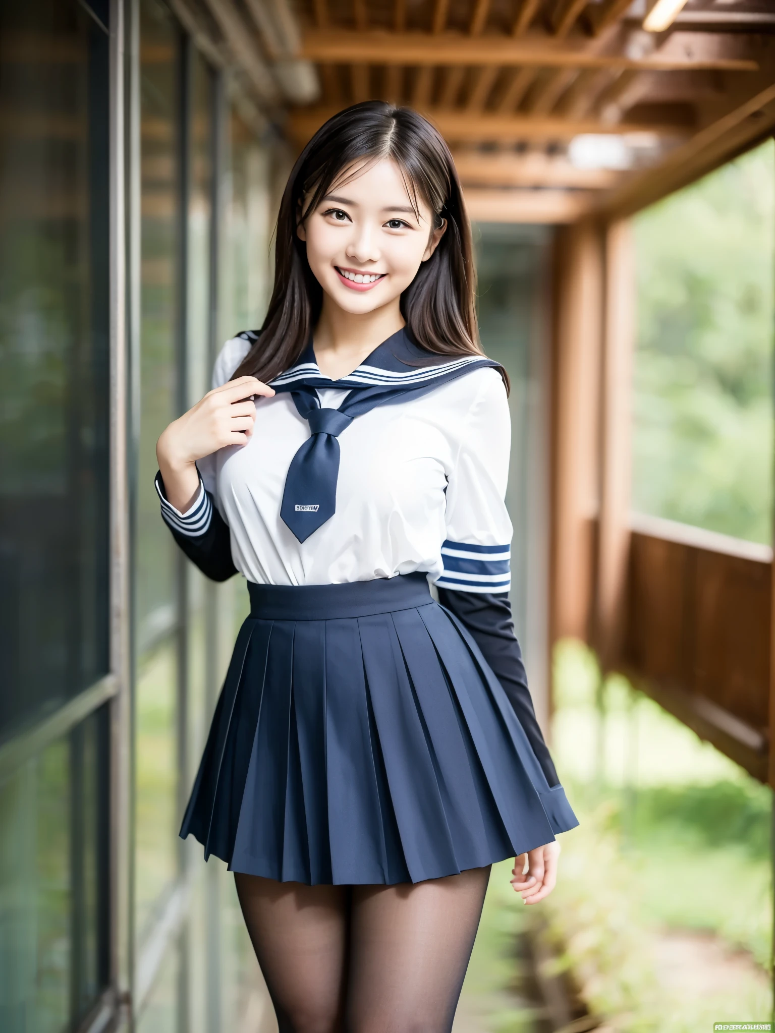 ulzzang-6500-v1.1, (RAW Photos:1.2), (Photorealistic), Beautiful detailed girl, (Genuine: 1.4), Very detailedな目と顔, Beautiful and fine details, (((School, classroom, Pleated mini skirt, uniform, serafuku:1.3)))、(Ultra-realistic pantyhose:1.2), (shoes:1.2), (I keep my hair short)、 (A very loving smile:1.2)、Large file size, High resolution, Very detailed, highest quality, [masterpiece:1.6], Awareness-raising, Very detailed, Hmph, In detail, highest quality, 8k wallpaper, Cinema Lighting, One Girl, ************, Perfect figure, Cute droopy eyes、Beautiful big eyes、 ((Mastepiece)), highest quality, One Girl, eye shadow, Portraiture, ((Full Body Shot:1.4))、