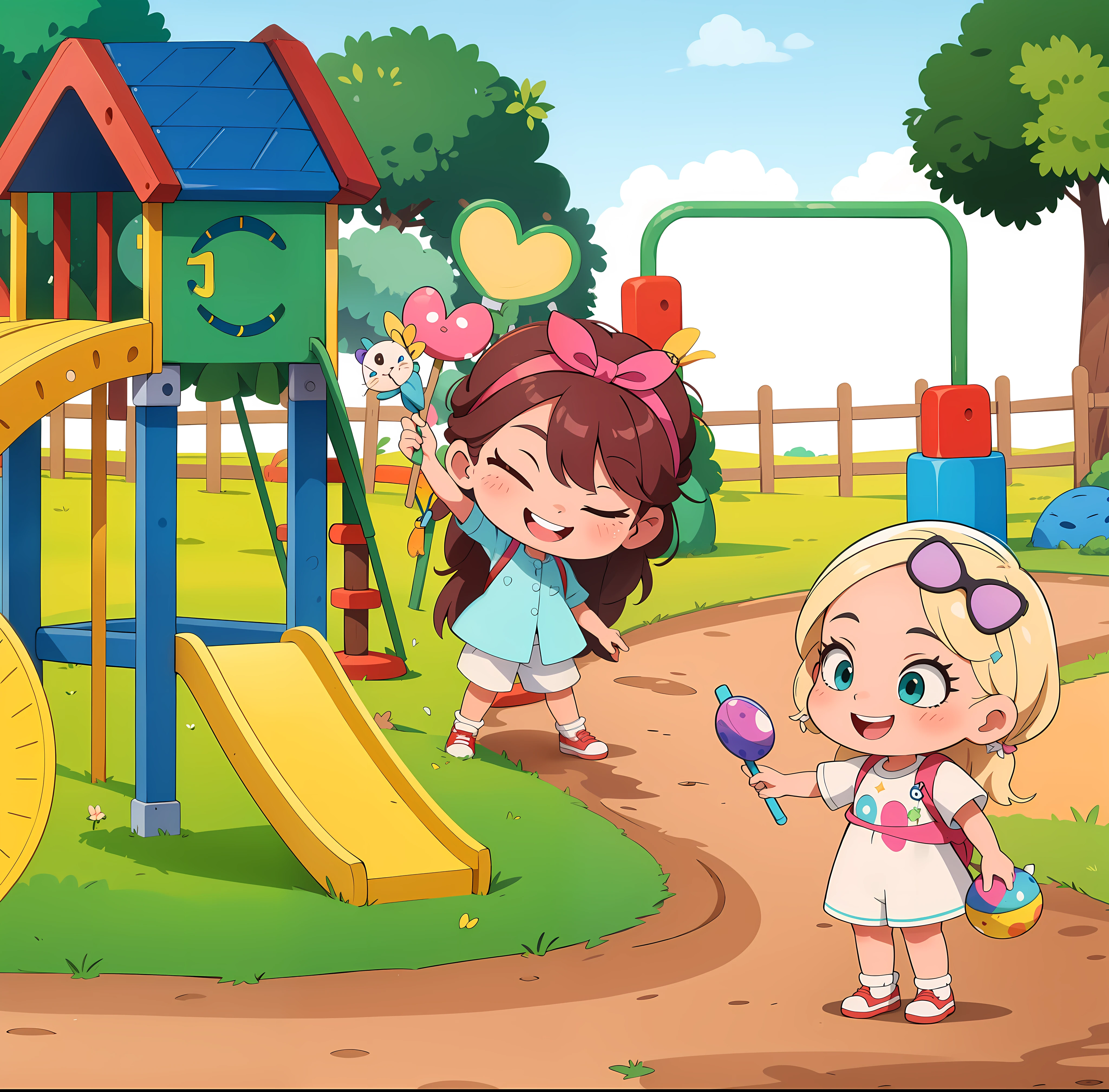 arte vetor, duas meninas brincando no parque, sorrindo, 4K High Definition, obra de arte.
