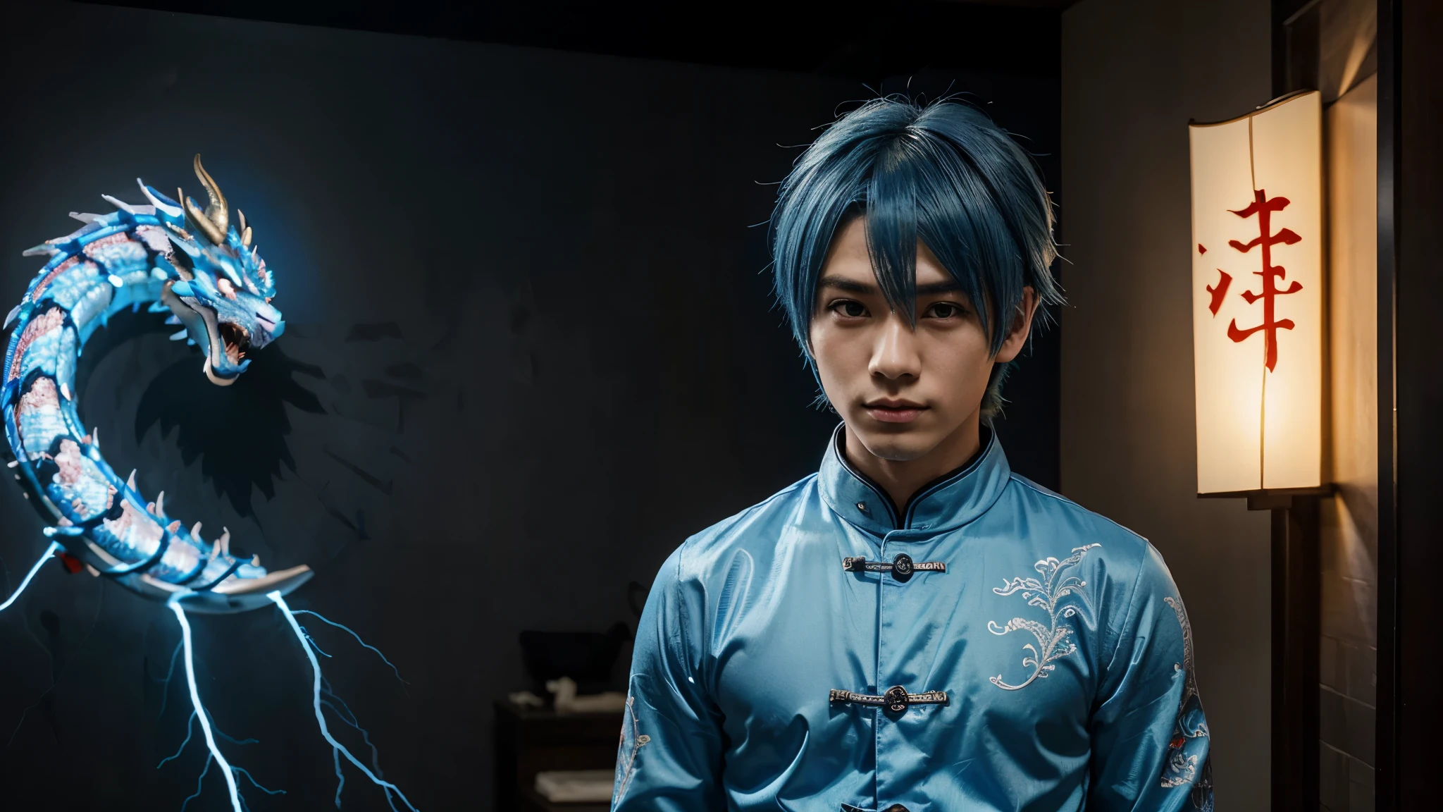 (Anime Blue Hair Boy),masterpiece,Chinese dragon,Half-length photo,feature,Genshin Impact,Thunder element,