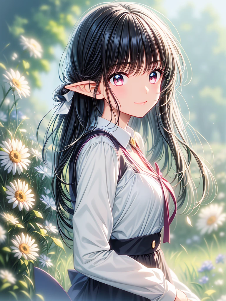 Elf Woman, Tanned brown skin, ((Beautiful silver hair)), Tie your hair back, Pointy Ears, ((Golden Eyes)), Pink lip gloss、kitchen、 Wearing a frilly apron, Long skirt, blush、smile,Open your mouth a little、 ((Depiction of only the upper body))、close