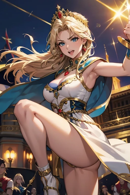 masterpiece, highest quality,High resolution,High-quality images,Detailed eye depiction,Skin luster,Shiny Hair,Fine grain,Adult women,Very detailed,Rin々Nice face,Open Mouth Smile,White and gold adventurer uniform,Royal attire,necklace,The world of medieval Europe,Show your armpits,Black eyes,The dignity of a hero,,Small hair ornament,tattoo,Cape,Legs visible through the skirt,Natural Beauty,,Cinematic,Large Breasts,Cleavage,(((Defeat an enemy with a flying kick))),(((Enemies are hidden))),(((Face towards the enemy))),Perform a spinning kick in a fighting action pose,Prioritize image quality,Chest level kick, The kick is a very powerful movement