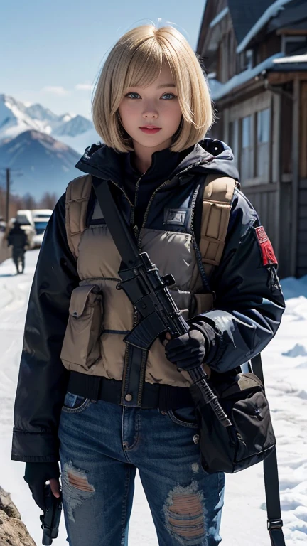 20-year-old woman, Bob cut hair, Blonde, Blue Eyes, Fur jacket, Wear the hood deeply, Natural skin texture, Cold regions, High Contrast, Mountain dogs, nice smile, uniform, M16A3, Holding a gun in your hand,Equipped with multiple magazine pouches, Bulletproof vest, Overall image,Ripped jeans pants,