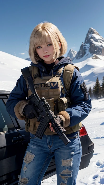20-year-old woman, Bob cut hair, Blonde, Blue Eyes, Fur jacket, Wear the hood deeply, Natural skin texture, Cold regions, High Contrast, Mountain dogs, nice smile, uniform, M16A3, Holding a gun in your hand,Equipped with multiple magazine pouches, Bulletproof vest, 