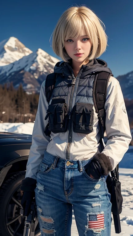 20-year-old woman, Bob cut hair, Blonde, Blue Eyes, Fur jacket, Wear the hood deeply, Natural skin texture, Cold regions, High Contrast, Mountain dogs, nice smile, uniform, M16A3, Holding a gun in your hand,Equipped with multiple magazine pouches, Bulletproof vest, Overall image,Ripped jeans pants,