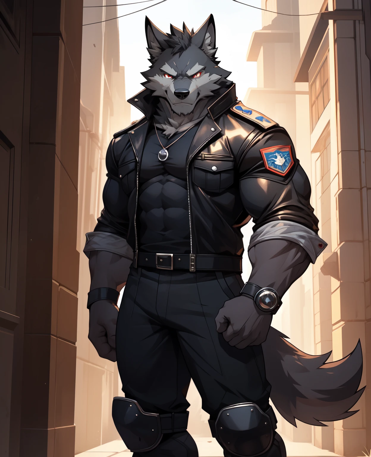 Wolf Orc，Black fur，Red pupil，（Strong body，muscular：1.3），soldier，Handsome，Solitary，Standing，（Serious expression：1.2），（Black leather jacket：1.2），（Black T-shirt：1.2），Dark grey military pants，（Knee pads on the knees：1.2）。