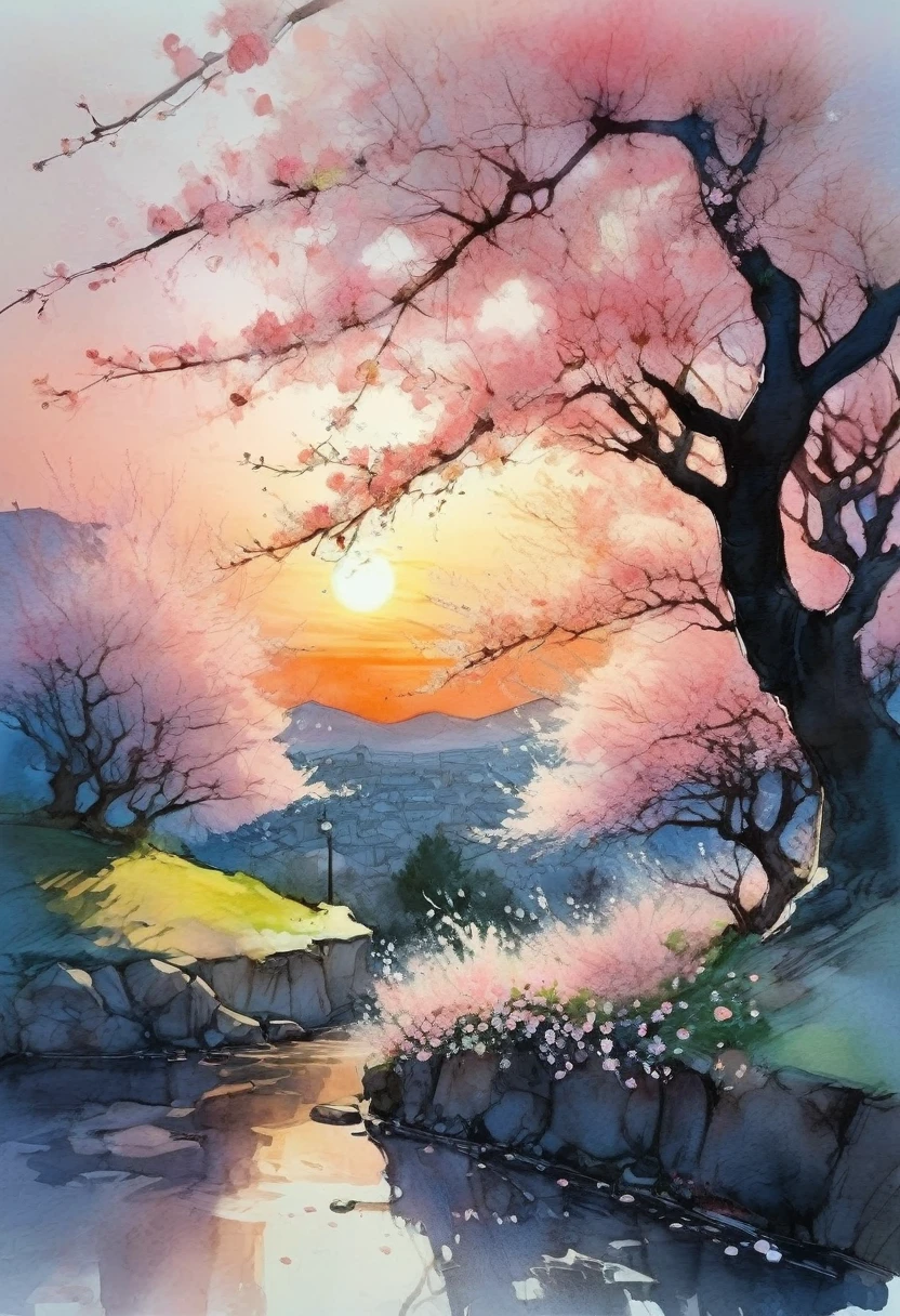 Watercolor Landscape, A beautiful cherry blossom garden underneath luminous sunset!! Beautiful sparkling flowers, starry sky, Andreas Lie, Quentin Blake, Alex Maleev, Pascal Campion, in Gouache Style, Watercolour, Impasto Gouache, thick layers of gouache watercolors textured on Canvas, Matte Painting, dramatic, dark, traditional media,watercolor \(medium\),pencil \(medium\),paper \(medium\),painting \(medium\)