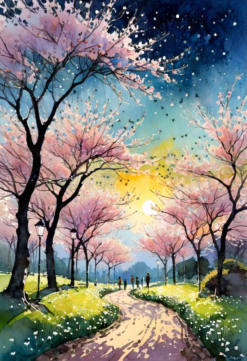 Watercolor Landscape, A beautiful cherry blossom garden underneath luminous sunset!! Beautiful sparkling flowers, starry sky, Andreas Lie, Quentin Blake, Alex Maleev, Pascal Campion, in Gouache Style, Watercolour, Impasto Gouache, thick layers of gouache watercolors textured on Canvas, Matte Painting, dramatic, dark, traditional media,watercolor \(medium\),pencil \(medium\),paper \(medium\),painting \(medium\)