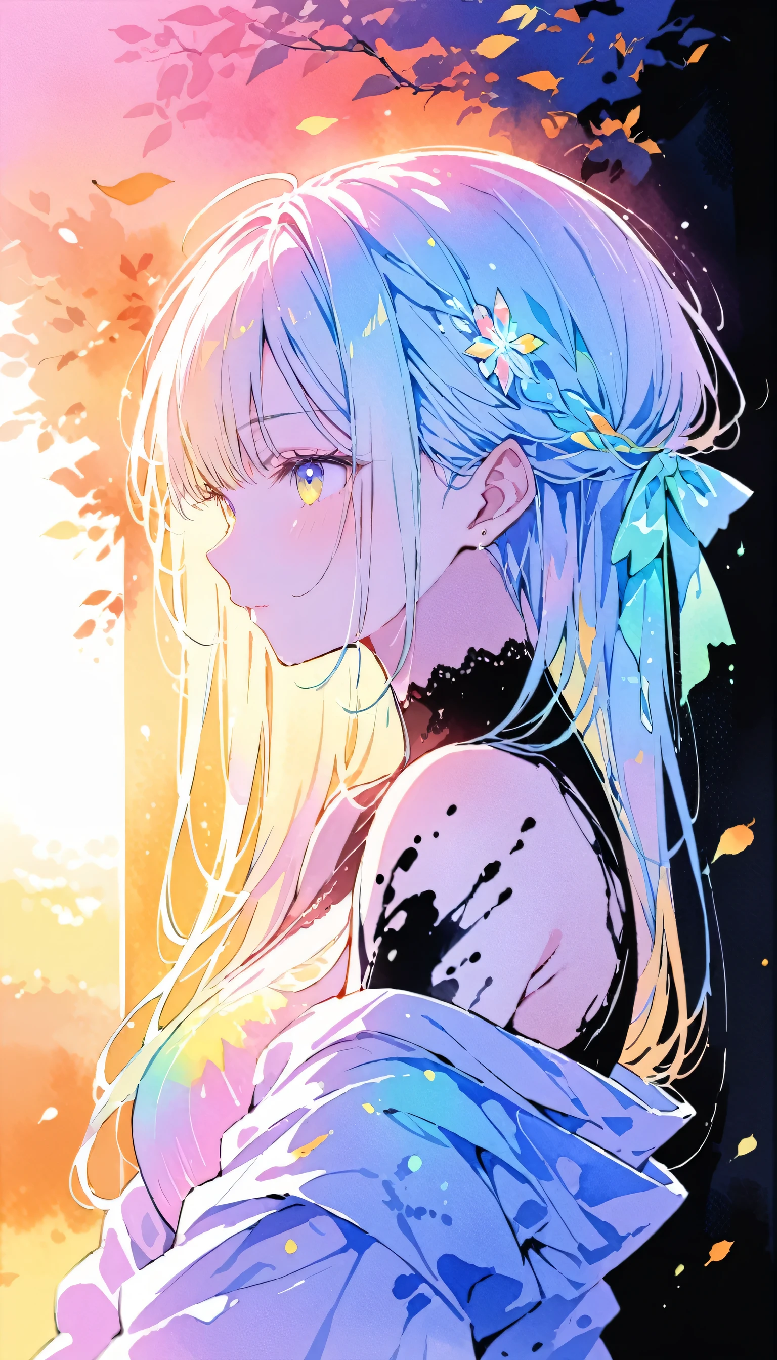 (8k, highest quality, masterpiece:1.2),(highest quality:1.0), (Ultra-high resolution:1.0), watercolor, Beautiful woman, shoulder, Hair Ribbon, Agnes Cecil, Half Body Portrait, Very bright and luminous design, pastel colour, (ink:1.3), Autumn Light,