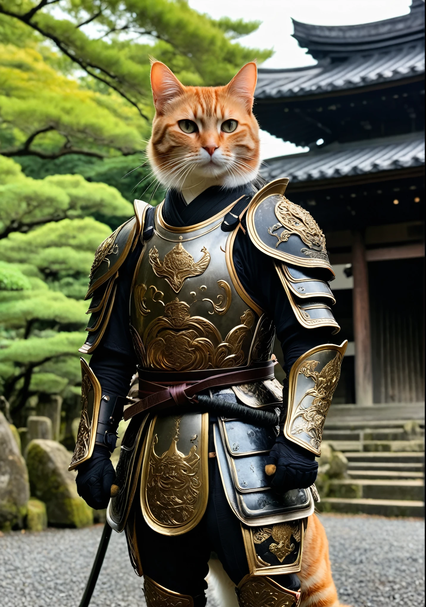 Anthropomorphic cat wearing old Japanese samurai armor、Wearing the black armor of a samurai、Brown tabby pattern、In front of the ruined shrine、to ride a horse、Moonlit Night、lush vegetation、Old tales、Like a movie、8K、16K、Detailed、dramatic、real、