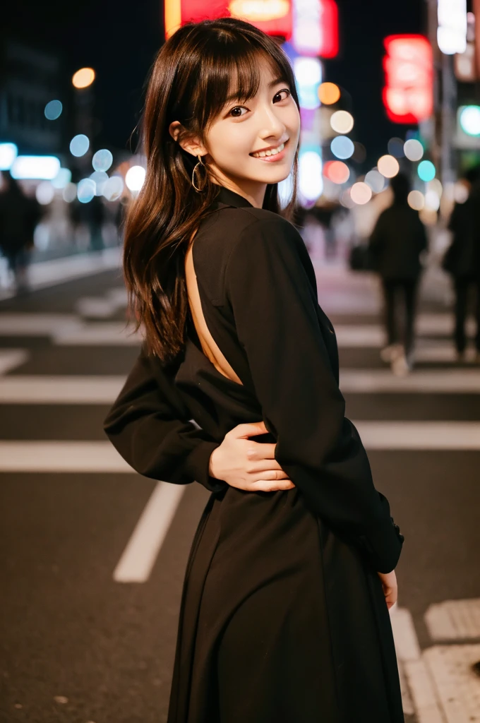 Japanese,20-year-old,In 8K,huge ,Person in a suit,Looking into the camera,Kamimei,Are thin、Perfect Anatomy、Perfect hands、Perfect Fingers、Hide your hands behind your back、Perfect Eyes、Esbian all over、Brown Hair Medium Hair、Laughter、Standing on a street corner in Tokyo at night、autumn&#39;s