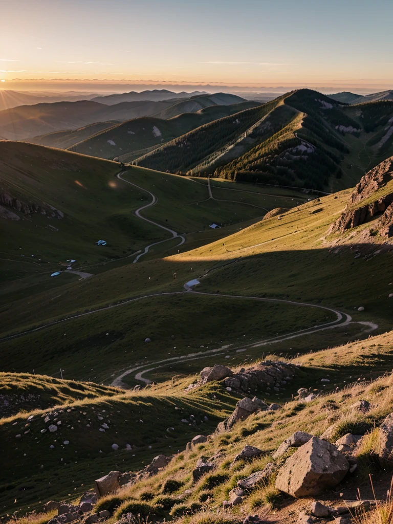 Up a mountain at sunset where you can see the horizon