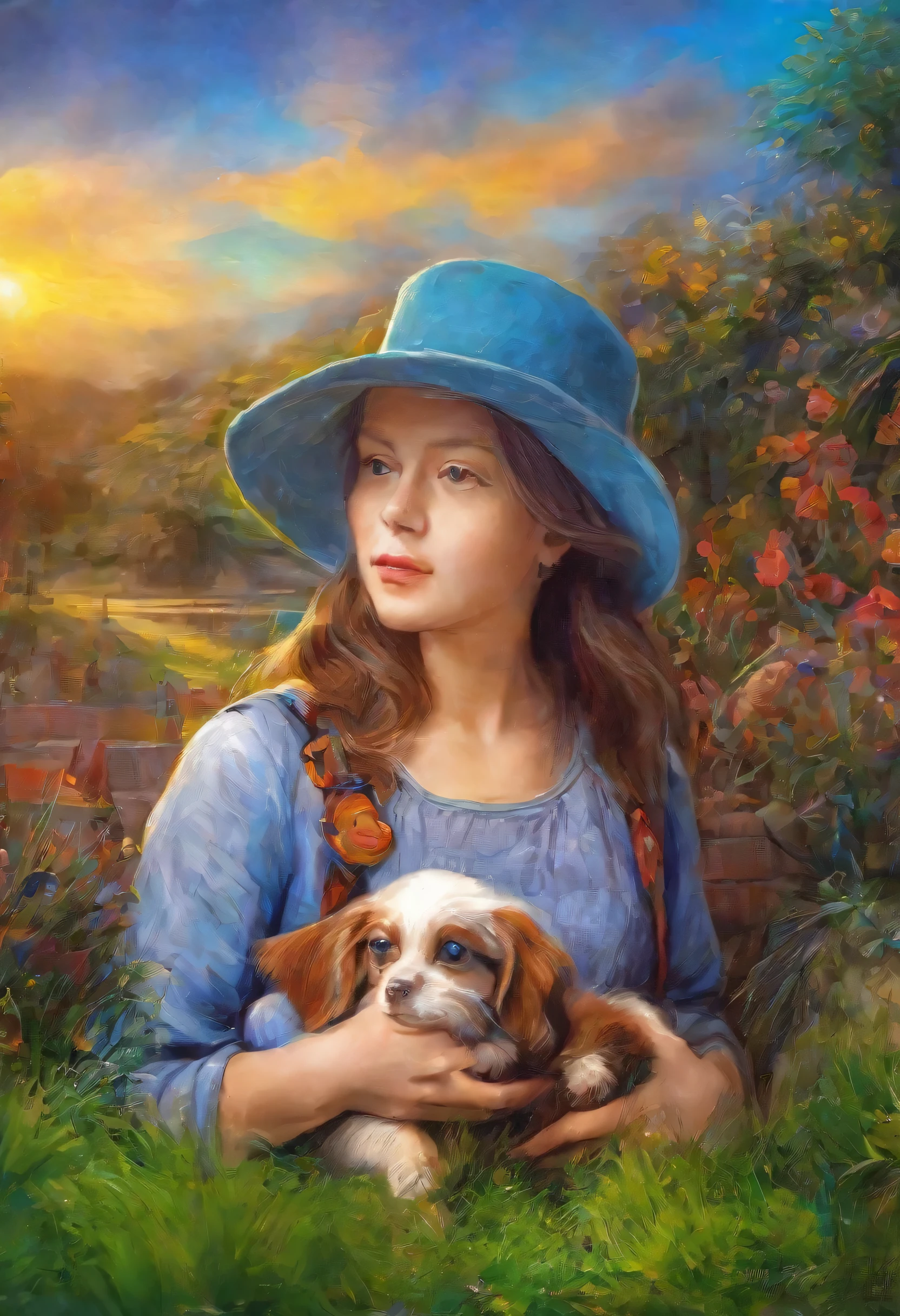 oil painting of beautiful girl magra, morena, em um jardim florido, dressed in hat and colorful clothes red-blue-green-yellowu, holding a puppy, realistic, (best quality,4k,8k,highres,masterpiece:1.2),ultra-detailed,1.37),HDR,UHD,studio lighting,ultra-fine painting,sharp focus,physically-based rendering,extreme detail description,professional,vivid colors,bokeh,portraits, style leonardo da vinci