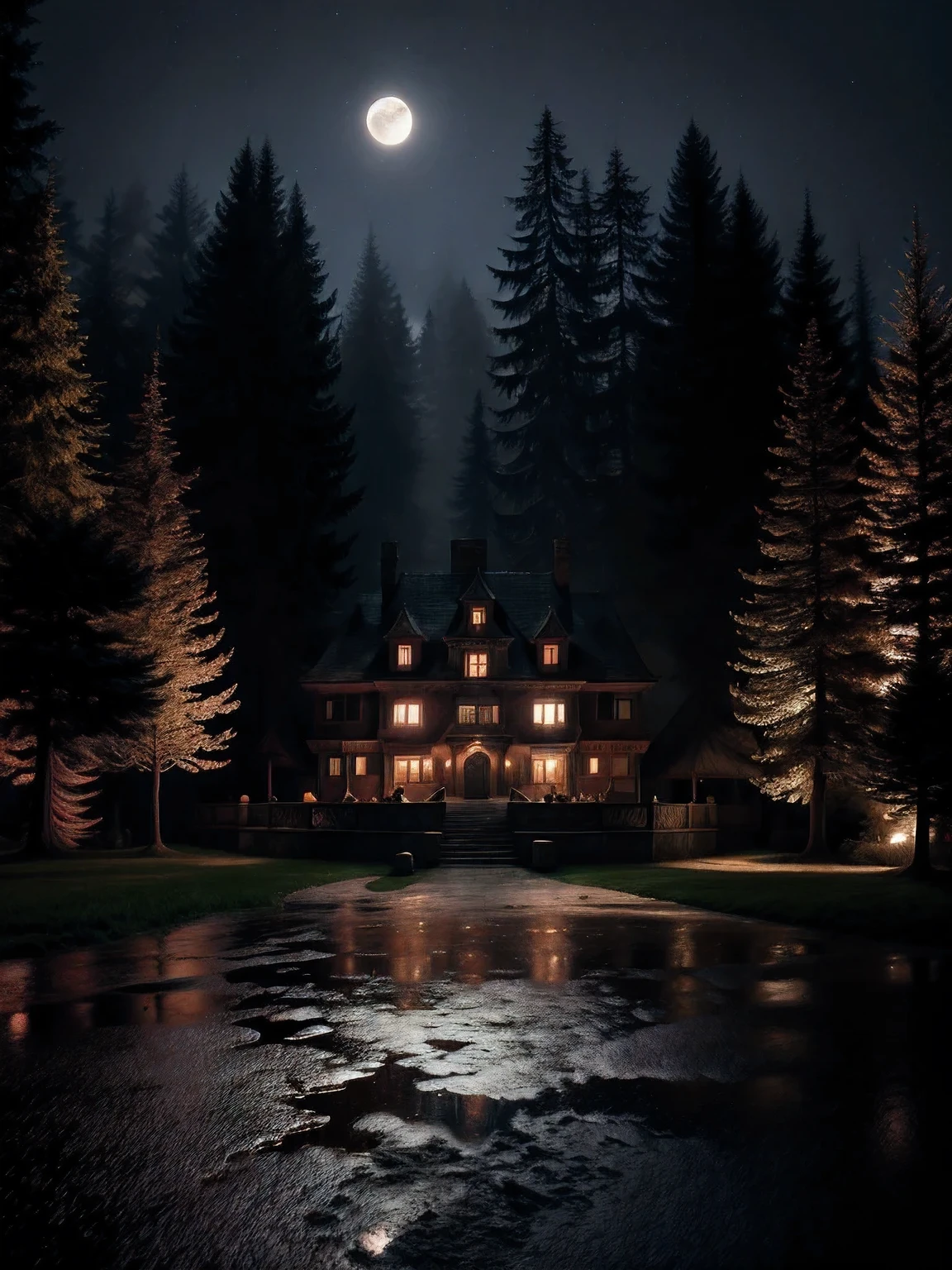 Castle, located on the mountain, surrounded by trees, Foggy, dark night, moon and clear sky, (masterpiece),((ultra detailed)), (highly detailed computer illustration),(inexpressive), (Best quality:1.2), High quality texture, complex parts, Detailed texture, High quality shadows,
