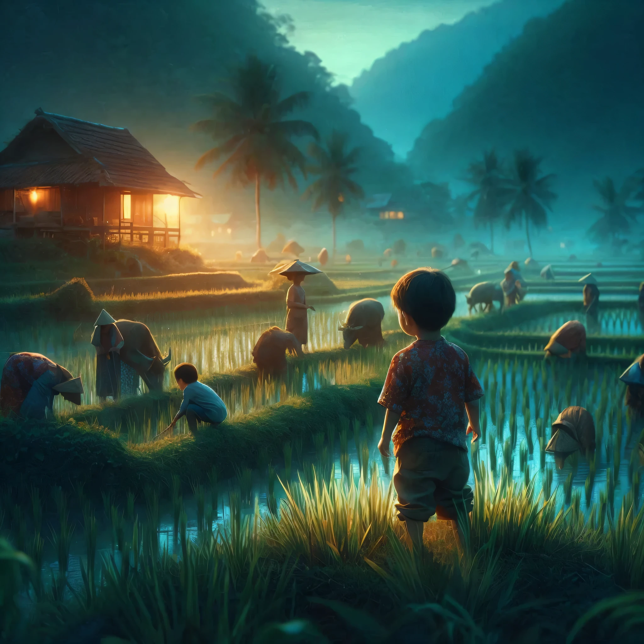 a little boy that is standing in the grass, digital art, by Rudy Siswanto, conceptual art, villagers busy farming, sweet home, rice paddies, blue hour photography, cartoon moody scene, wanderers traveling from afar